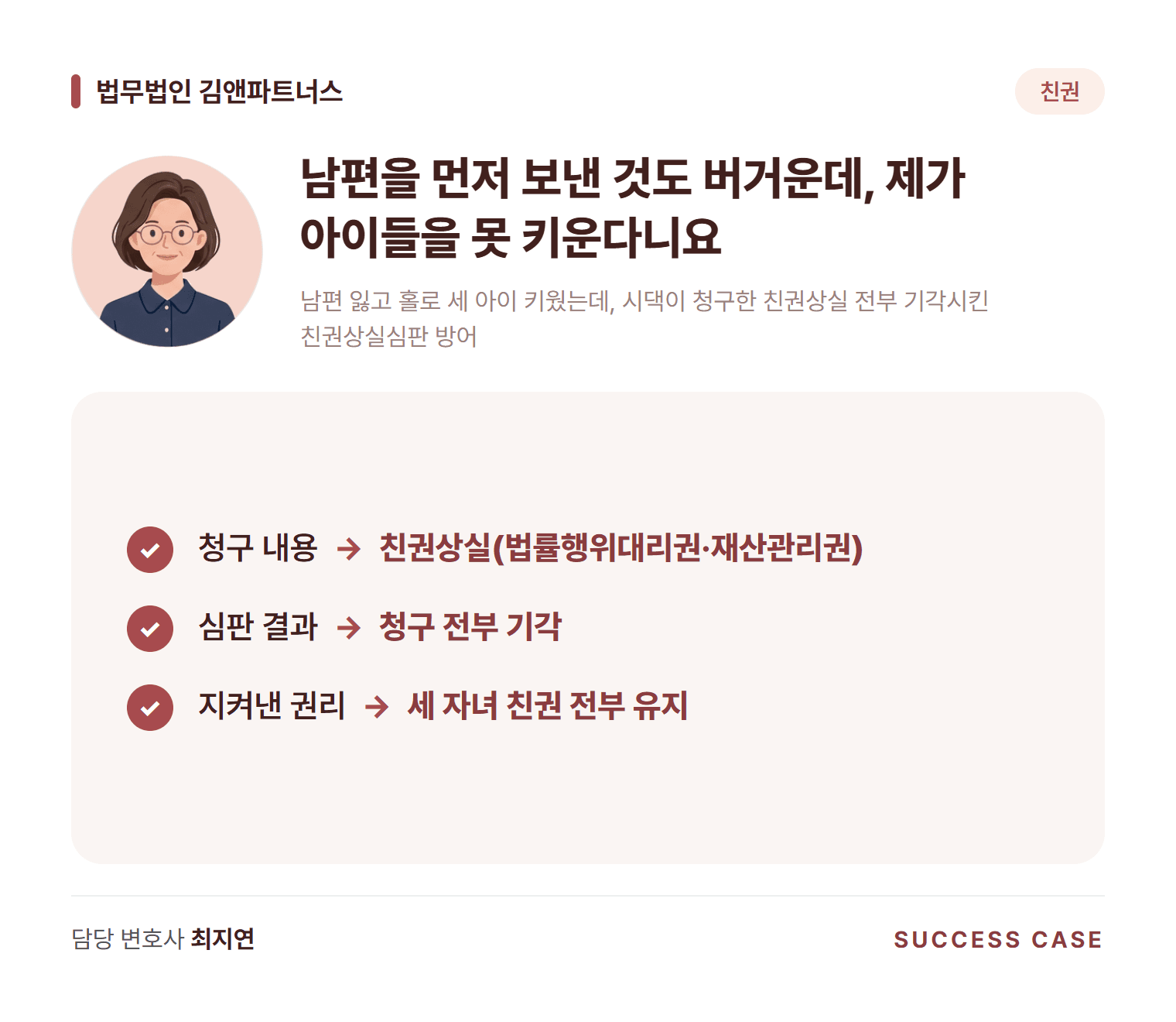 남편 잃고 홀로 세 아이 키웠는데, 시댁이 청구한 친권상실 전부 기각시킨 친권상실심판 방어 사건 요약