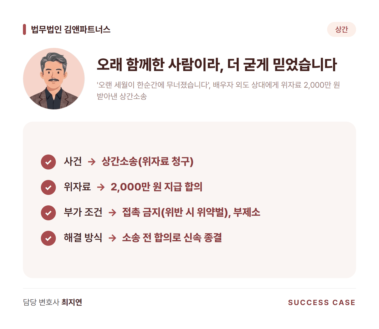 '오랜 세월이 한순간에 무너졌습니다', 배우자 외도 상대에게 위자료 2,000만 원 받아낸 상간소송 사건 요약