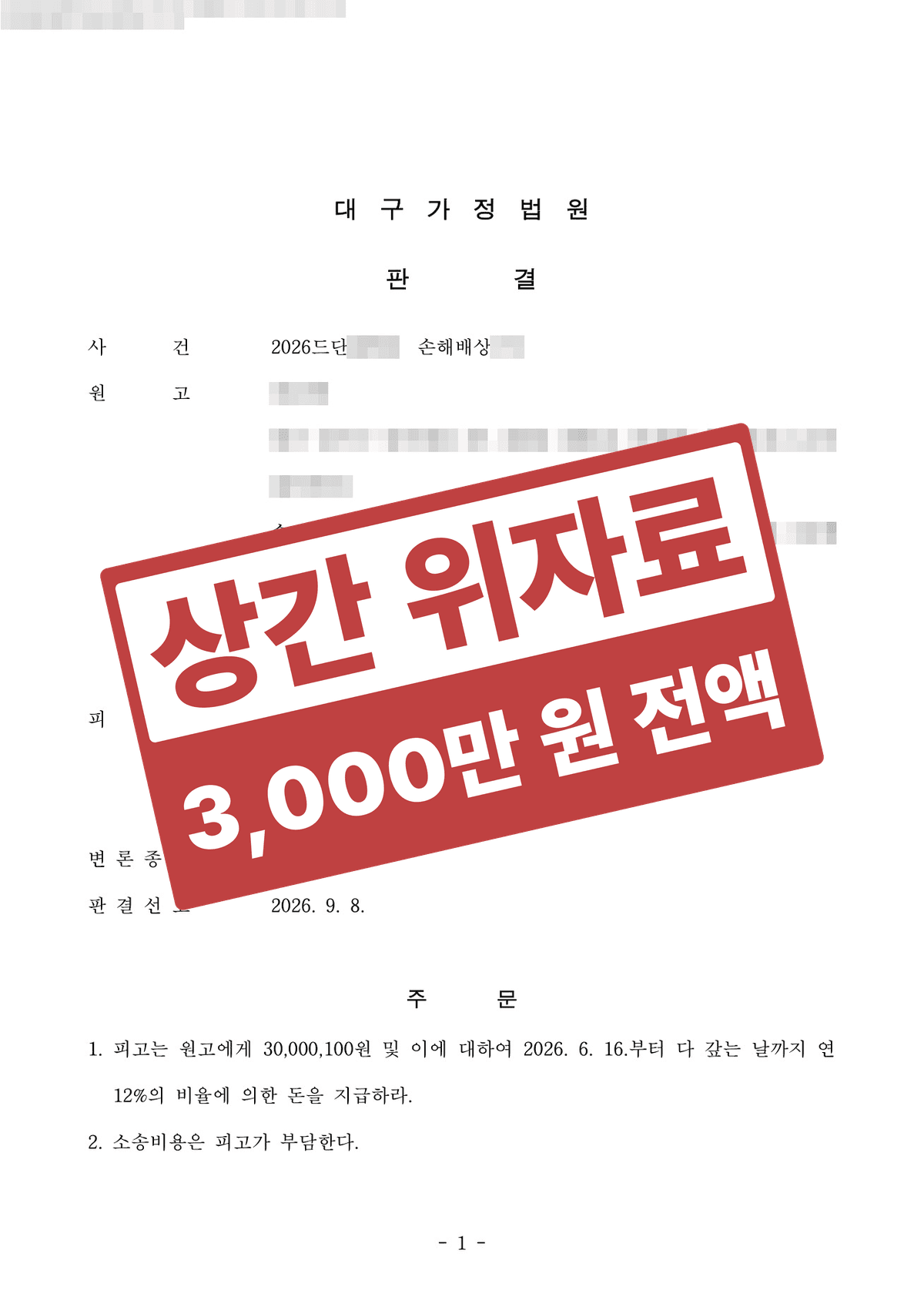소송 취하에도 외도 멈추지 않은 상간녀, 36년 혼인 파탄 입증해 받아낸 위자료 3,000만 원 전액