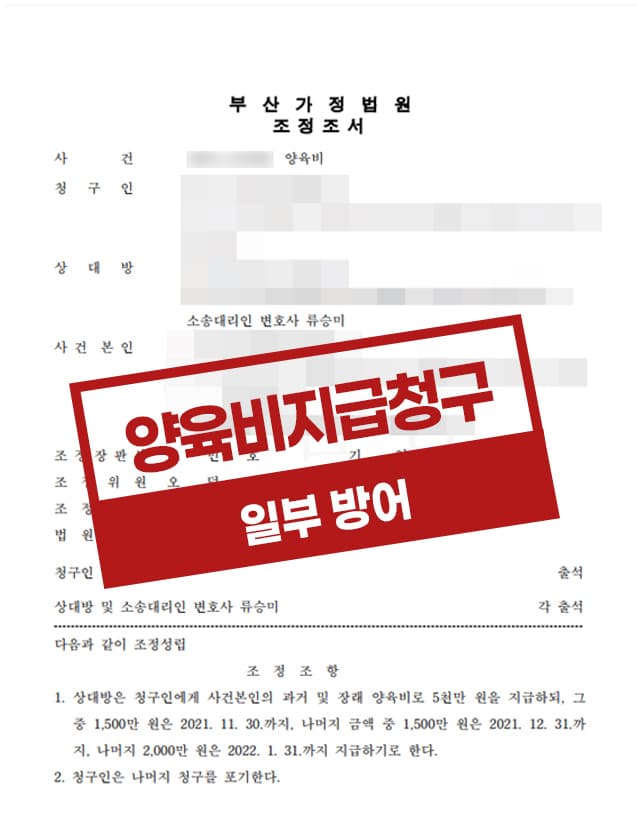 조정을 통해 양육비 8천만 원을 5천만 원 분할지급하는 것으로 방어한 사례