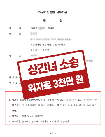 불륜배우자 상간녀소송 혼인파탄책임 입증하여 3천만원 위자료 판결