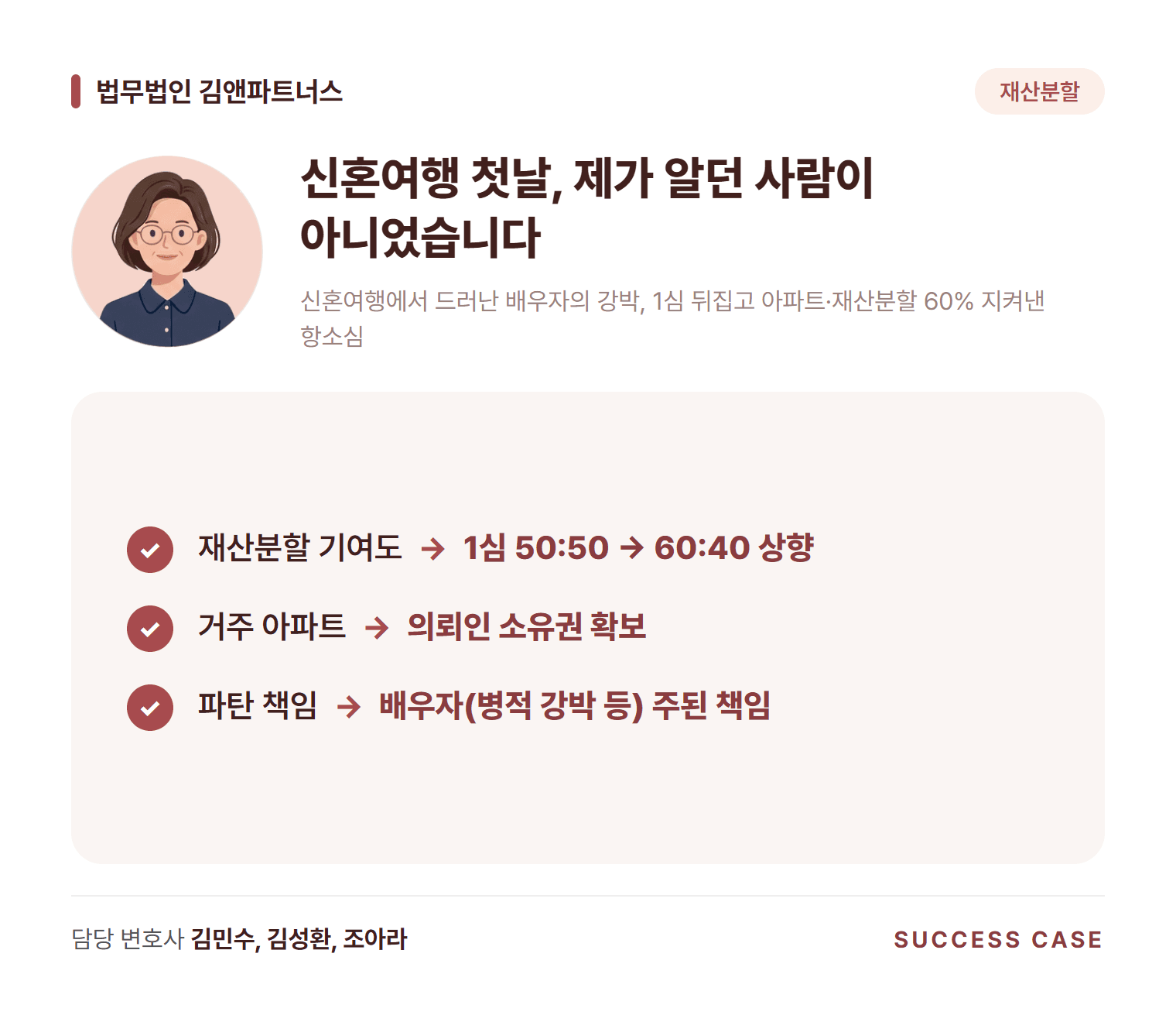 신혼여행에서 드러난 배우자의 강박, 1심 뒤집고 아파트·재산분할 60% 지켜낸 항소심 사건 요약