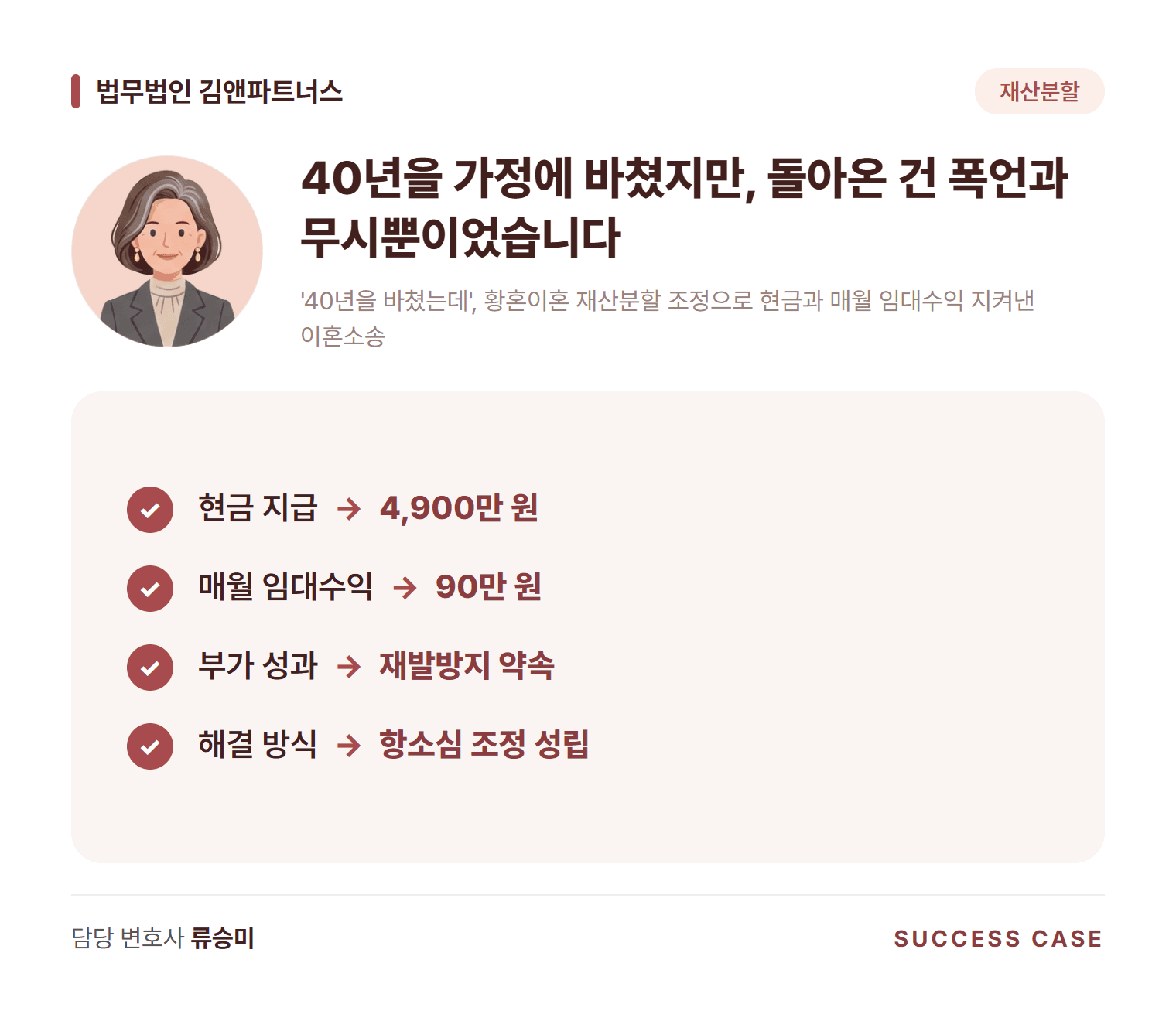 '40년을 바쳤는데', 황혼이혼 재산분할 조정으로 현금과 매월 임대수익 지켜낸 이혼소송 사건 요약